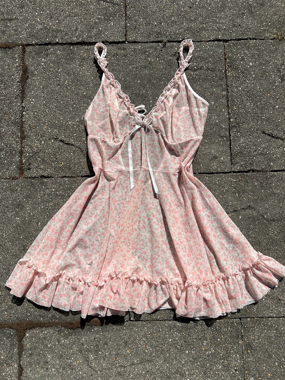 Pink Ditsy Floral Backless Raffle Mesh Lingerie Slip Dress Size XL